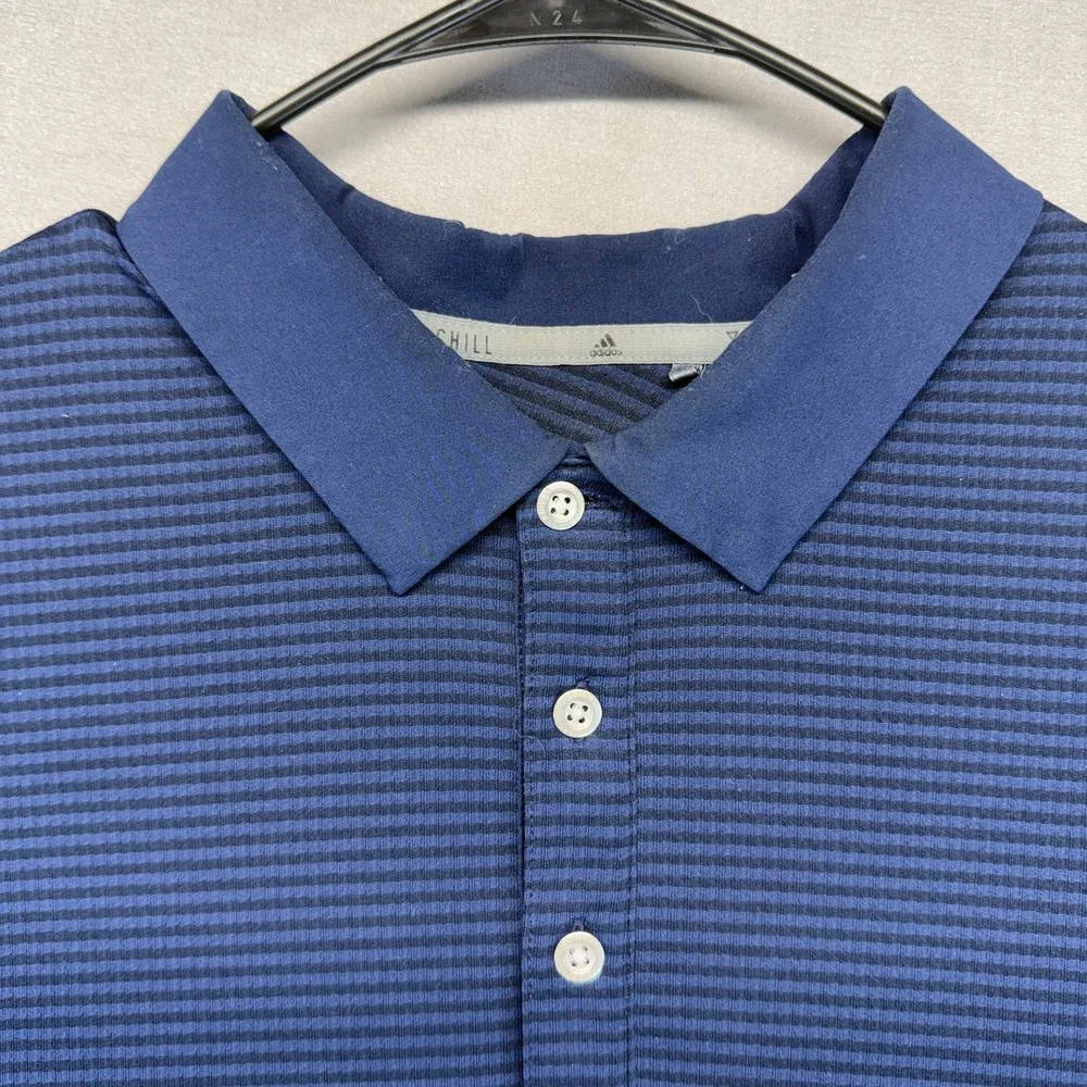 Adidas Climachill Golf Polo Men XL Navy Blue Striped Polyester Performance Shirt